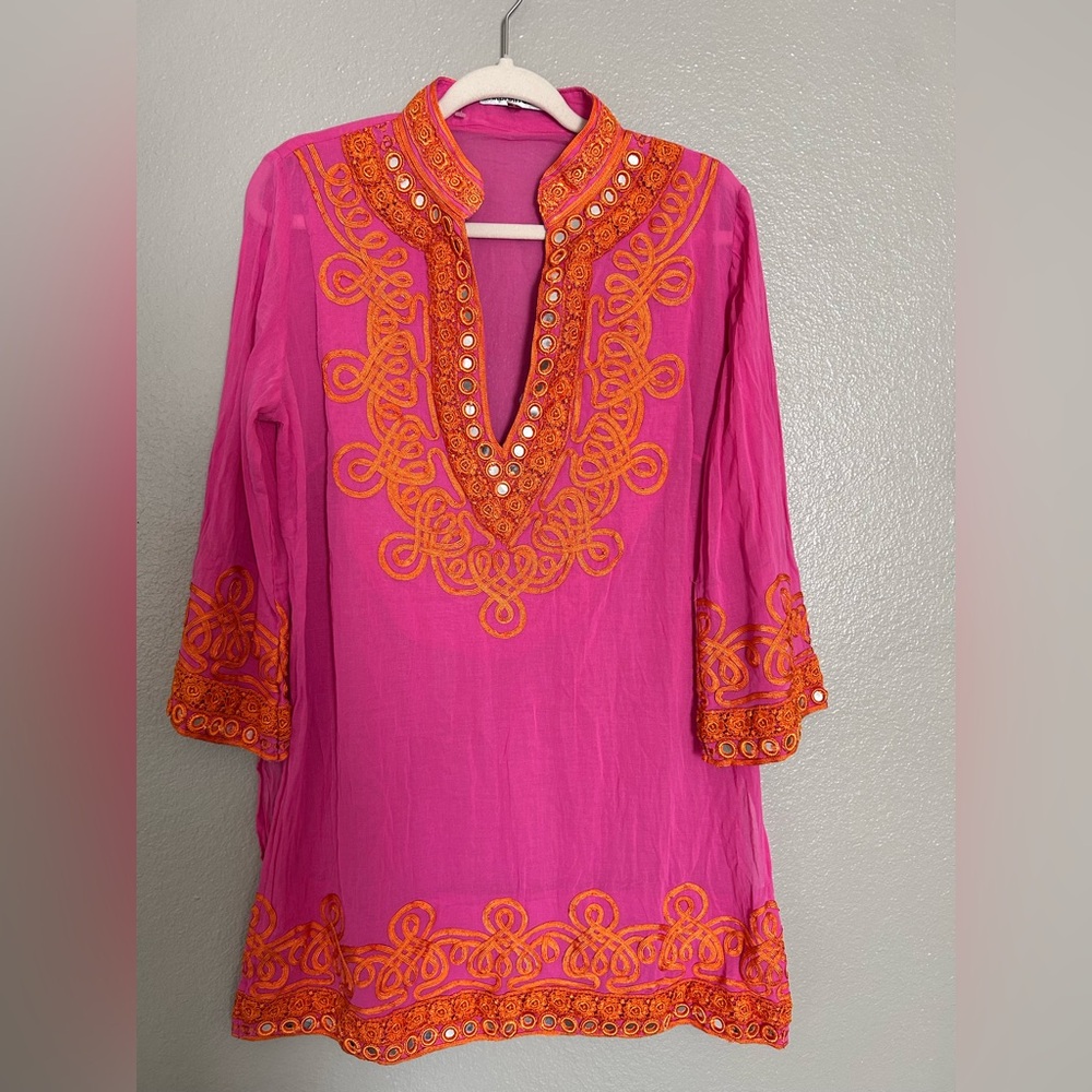 Vibrant Pink and Orange Embroidered Mini Dress
